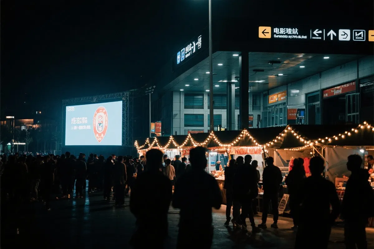 费城球迷广场夜景：大屏观赛人群、步行指示牌与公共交通入口